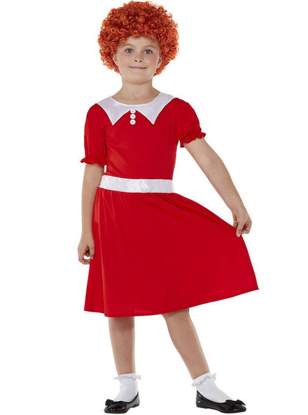 Girls Red and White Orphan Annie Costume - Front Image