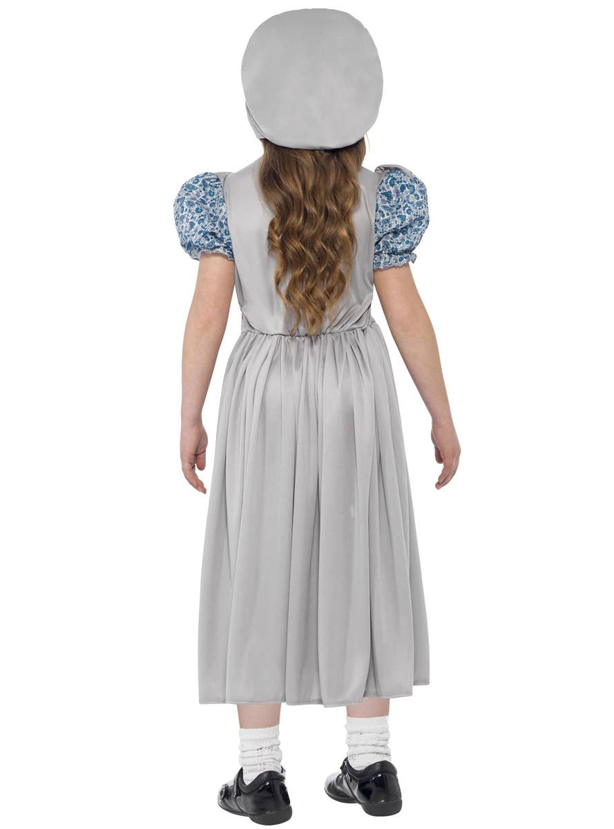 Grey Victorian Old Day's Kid's School Girl Fancy Dress Costume Back View