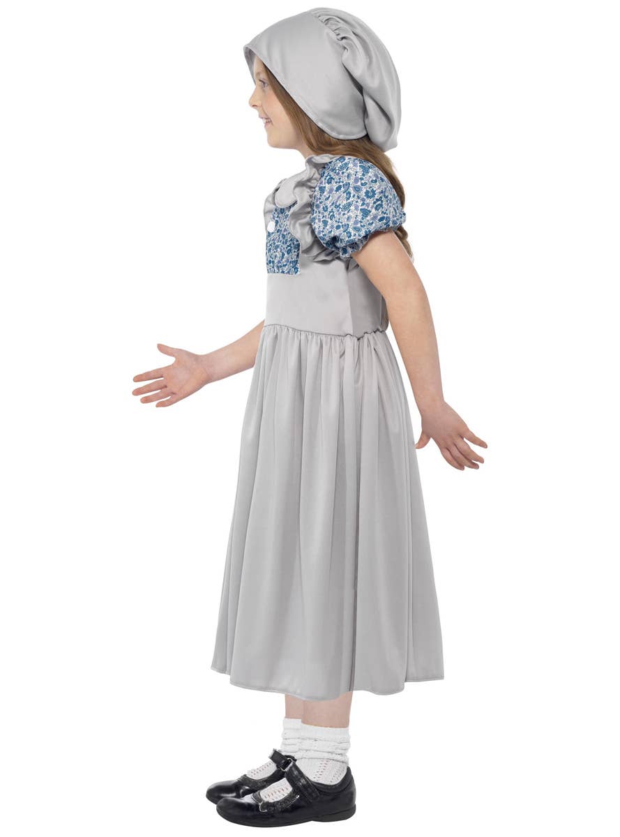 Grey Victorian Old Day's Kid's School Girl Fancy Dress Costume Side View