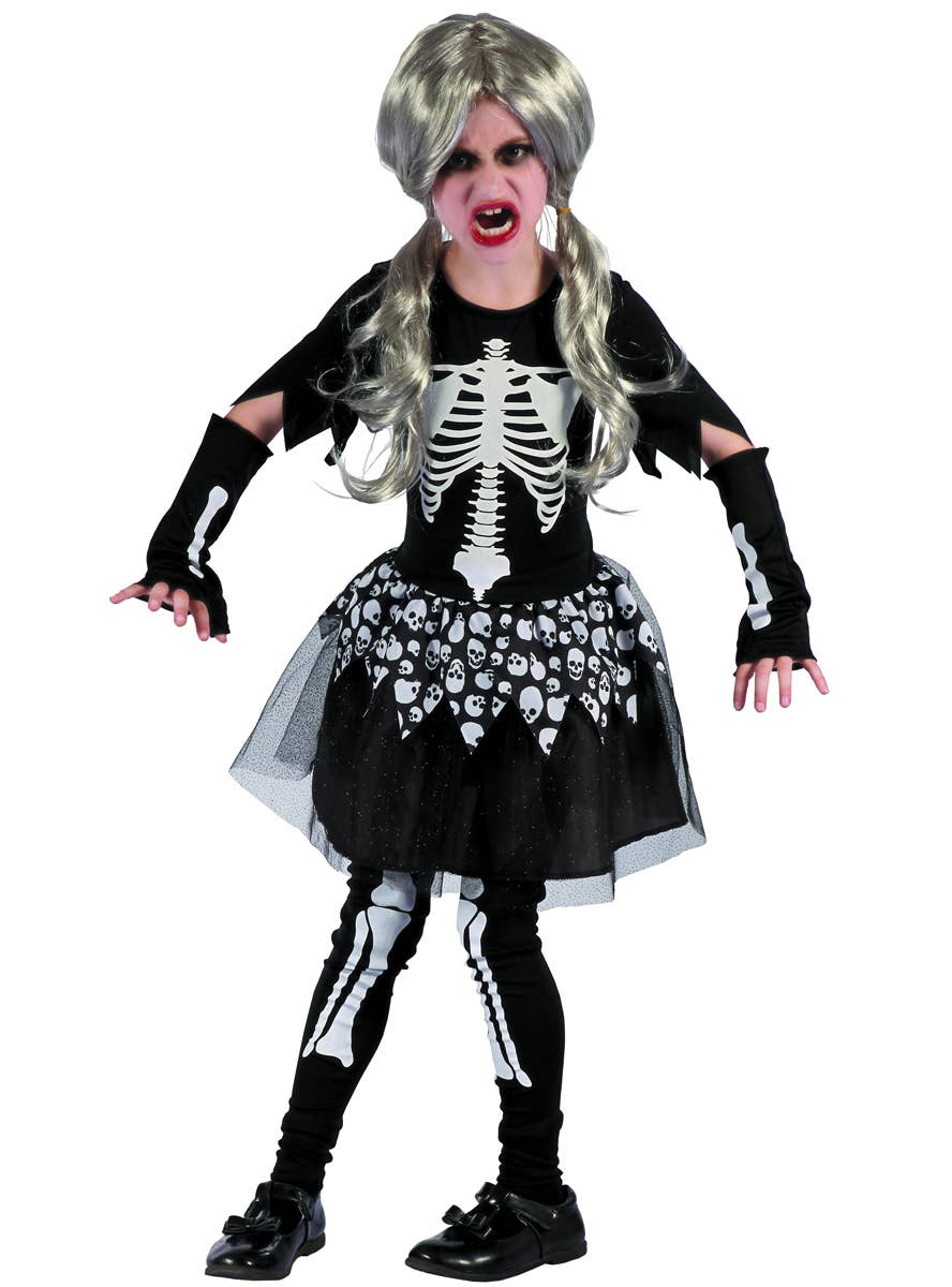 Girls Scary Skeleton Halloween Fancy Dress Costume