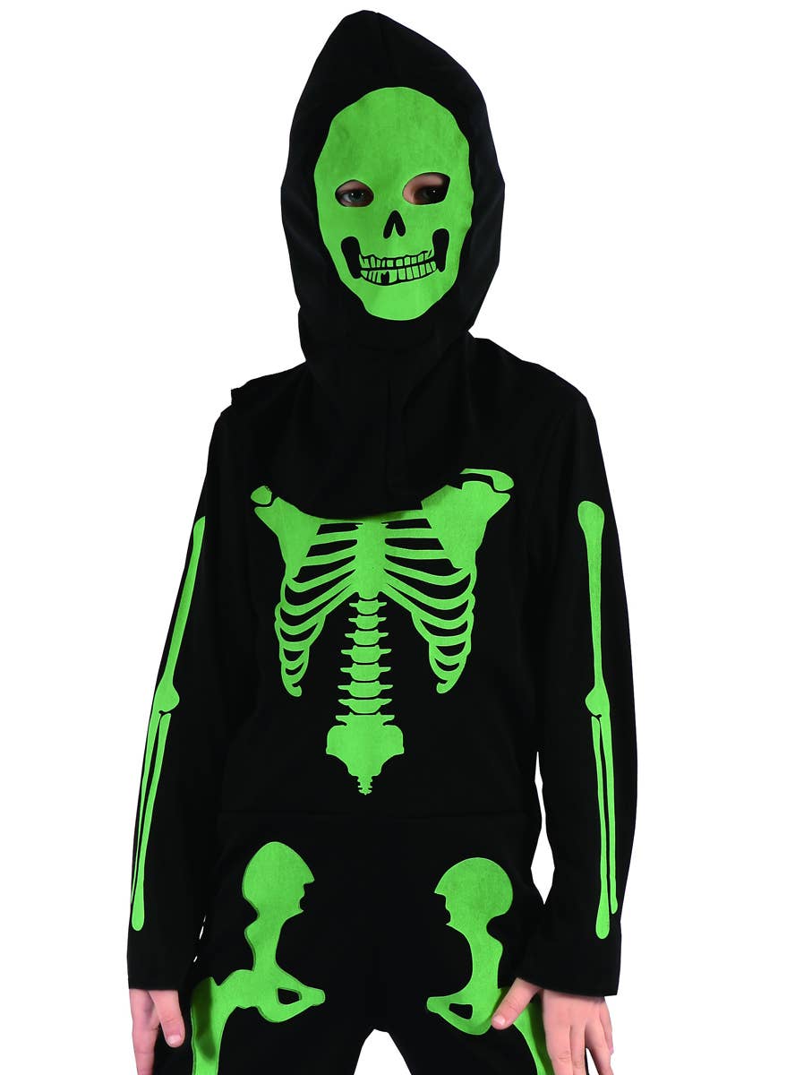 Boys Black and Green Skeleton Halloween Fancy Dress Costume Close Image