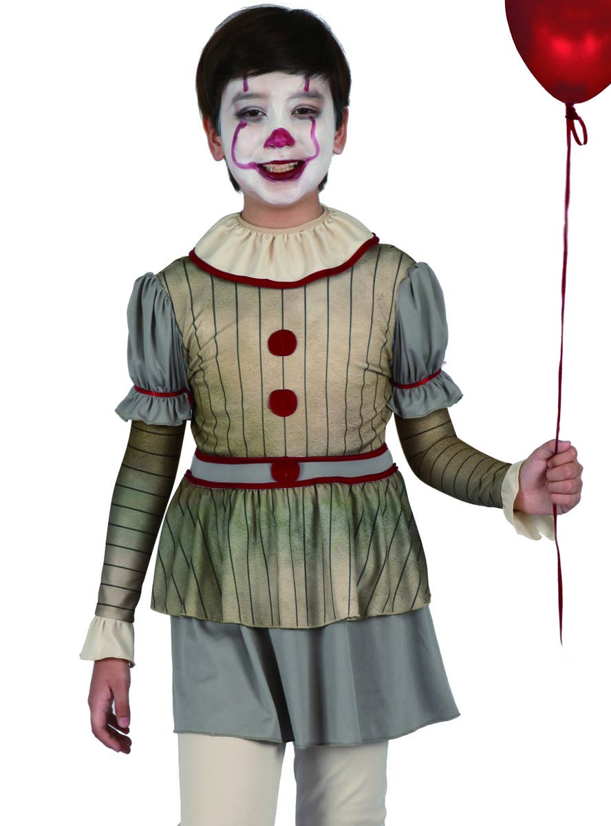 Boys Creepy Pennywise Clown Halloween Fancy Dress Costume Close Image