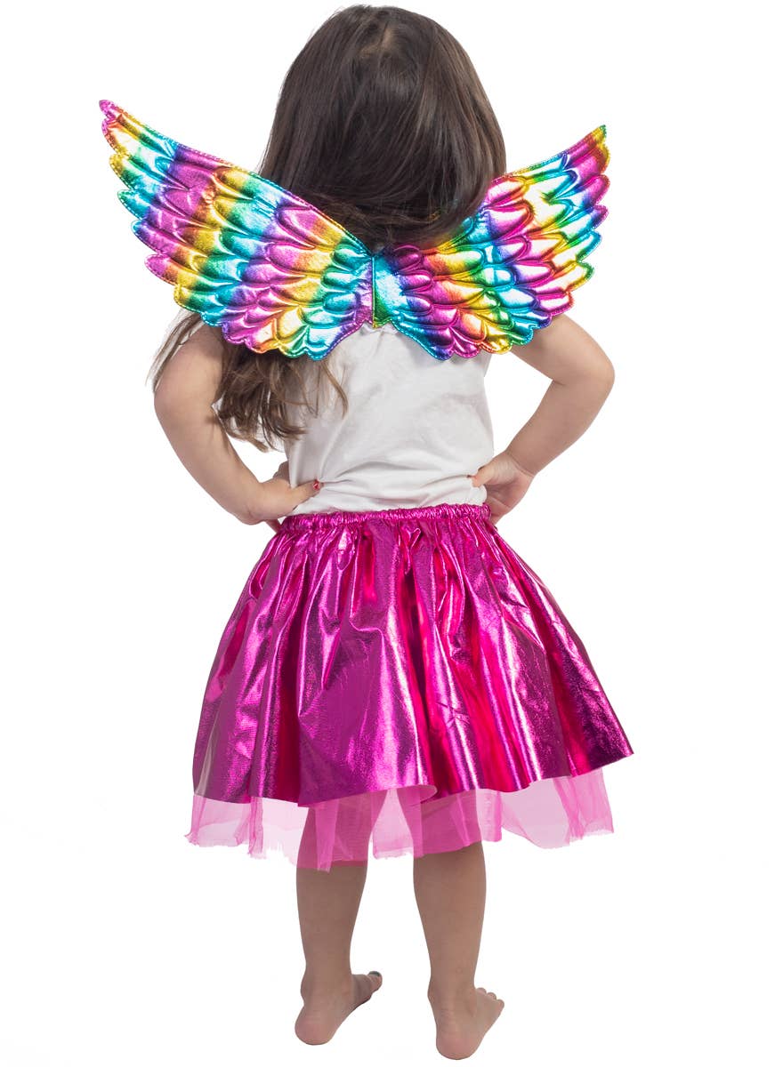 Toddler Girls Metallic Pink Tutu and Rainbow Wings Costume Set - Back Image