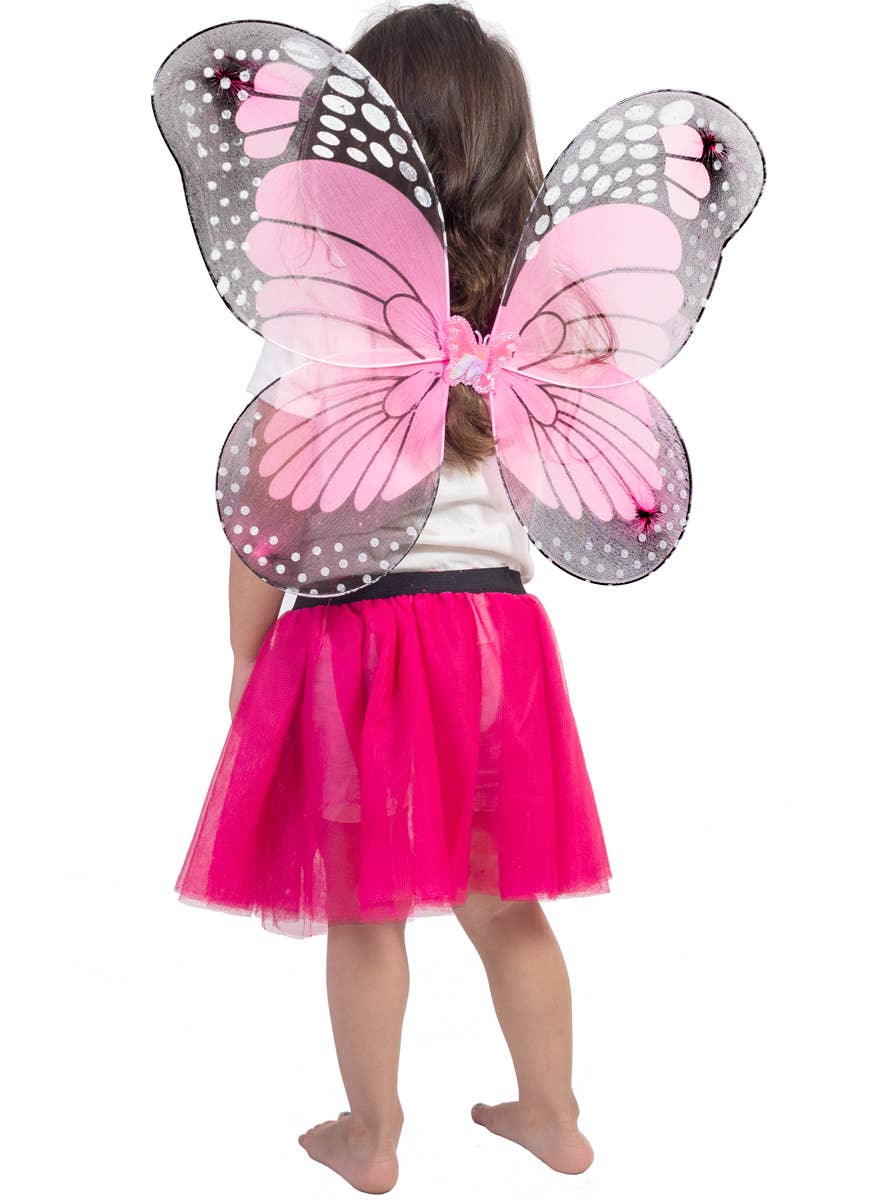 Girls Pink and Black Butterfly Costume Wings, Headband and Wand Set - Back Image