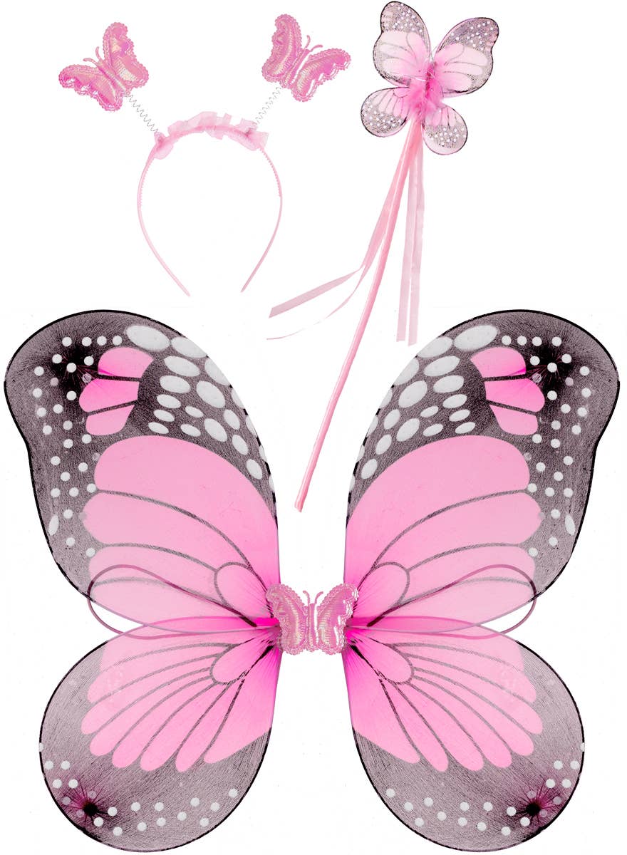Girls Pink and Black Butterfly Costume Wings, Headband and Wand Set - Alternate Image