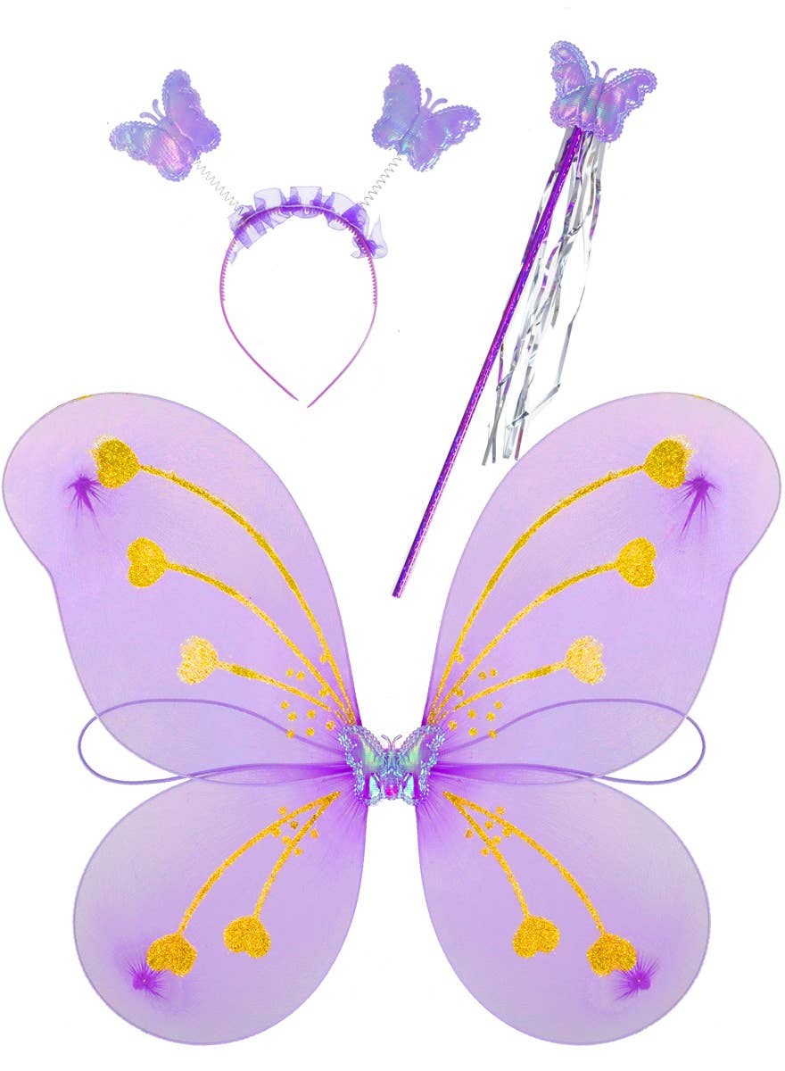 Girls Purple and Gold Glitter Butterfly Costume Wings, Headband and Wand Set - Alternate Image