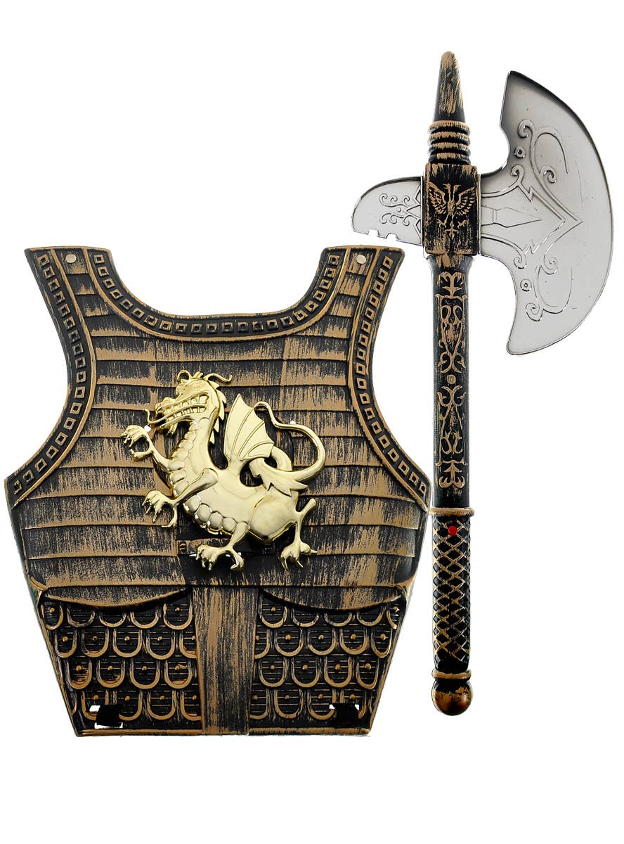 Kids Medieval Knight Bronze Look Breast Shield and Axe Costume Set