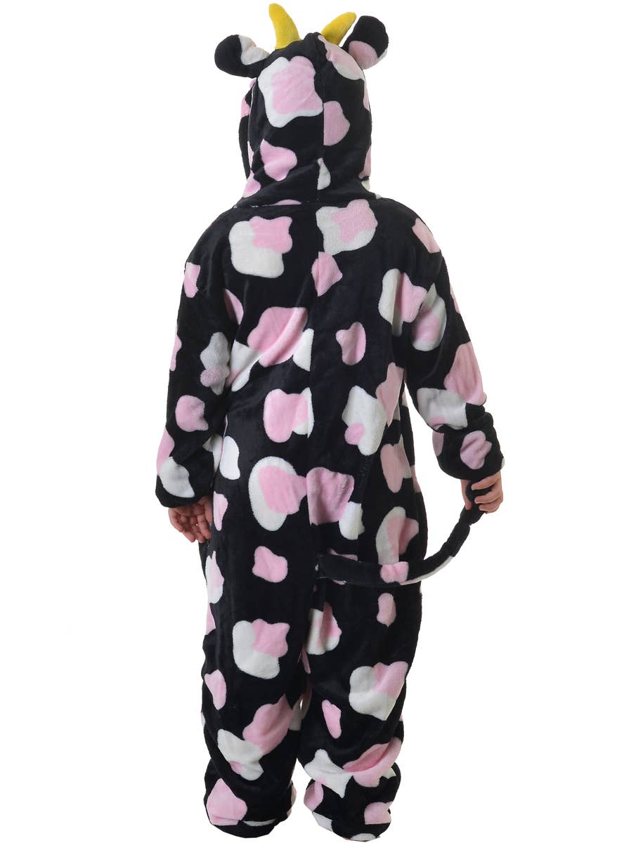 Image of Plush Kids Pink and Black Cow Onesie Costume - Back View