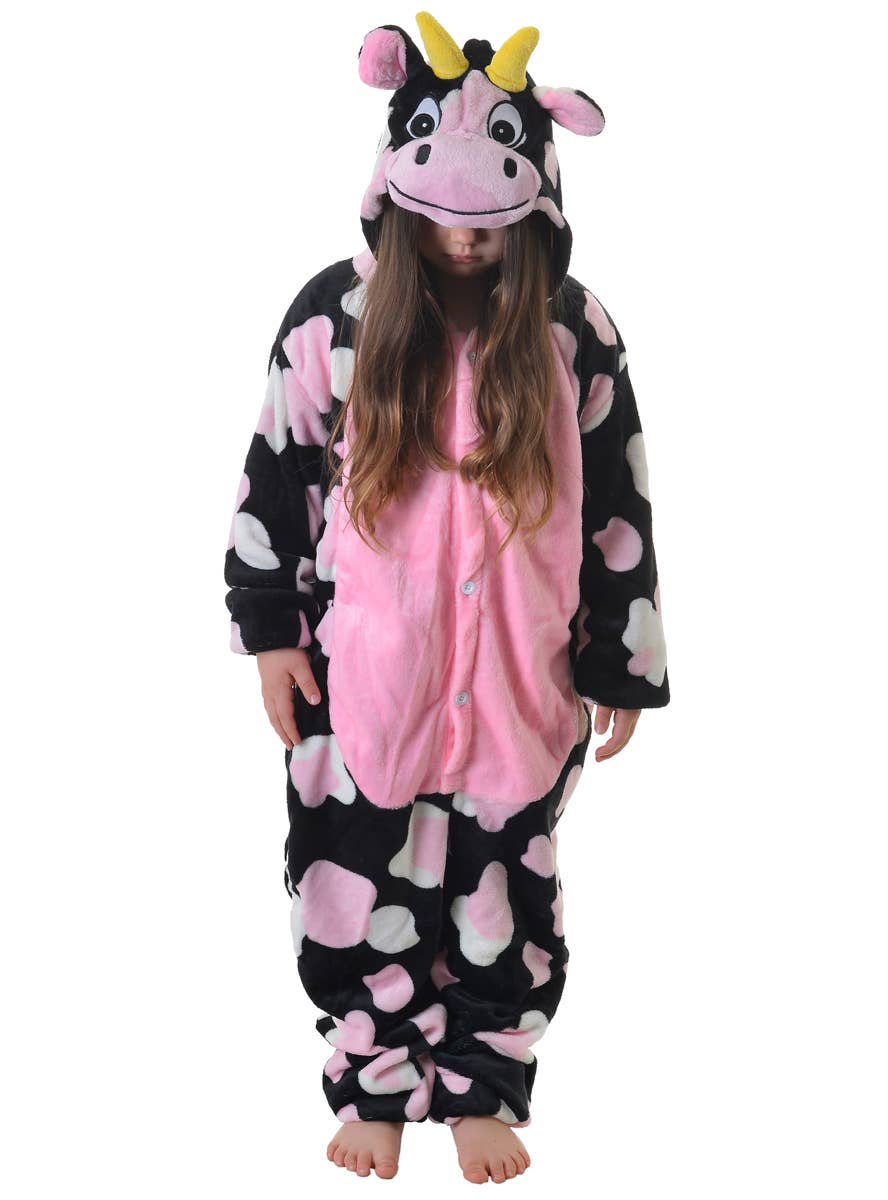 Image of Plush Kids Pink and Black Cow Onesie Costume - Alternate View