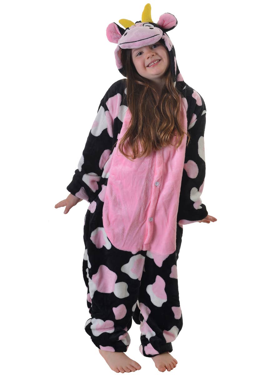 Image of Plush Kids Pink and Black Cow Onesie Costume - Front View