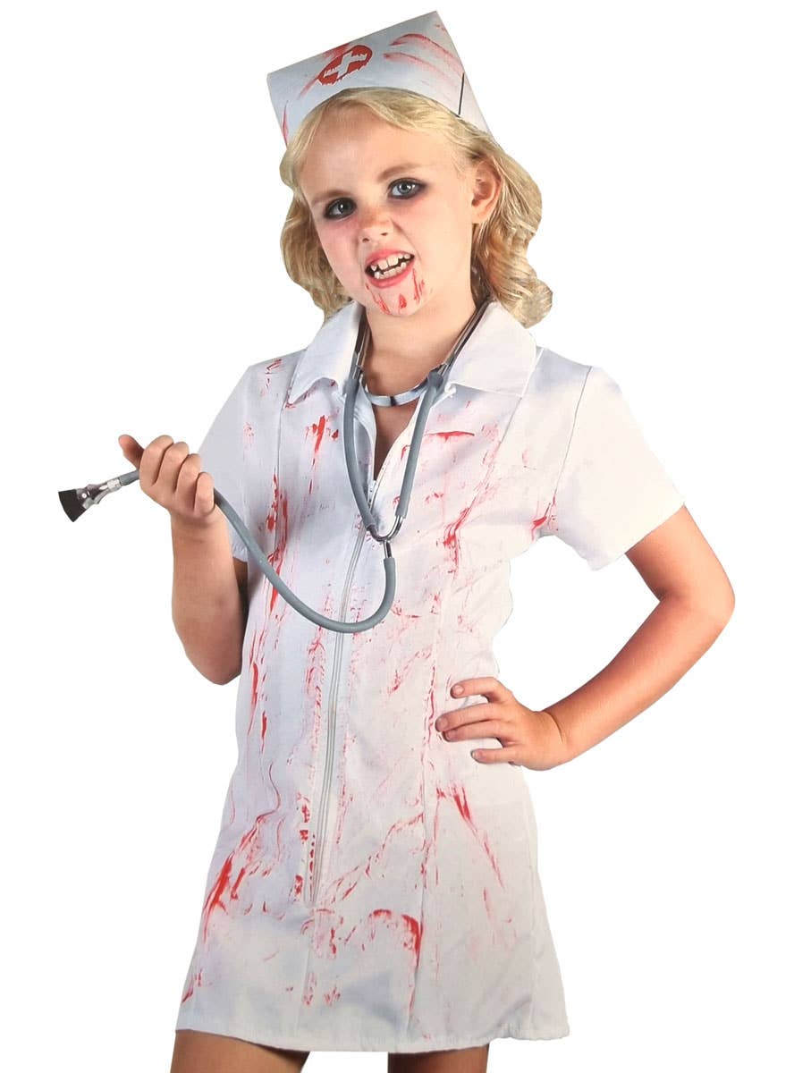 Image of Girls Halloween Costume Blood Splattered Mad Nurse Girls Halloween Costume - Close Up Image