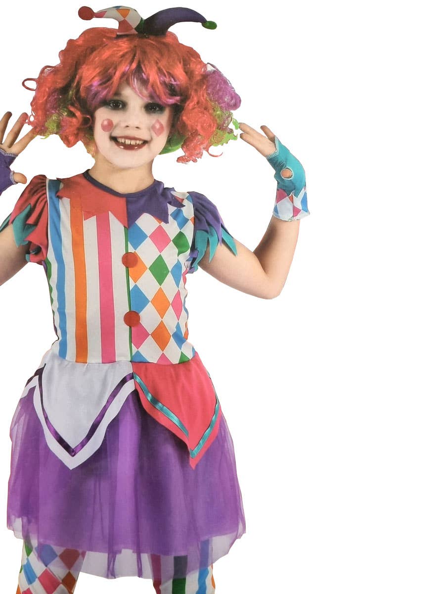 Image of Clown Costume Colourful Rainbow Clown Girls Dress Up Costume - Close Up Image