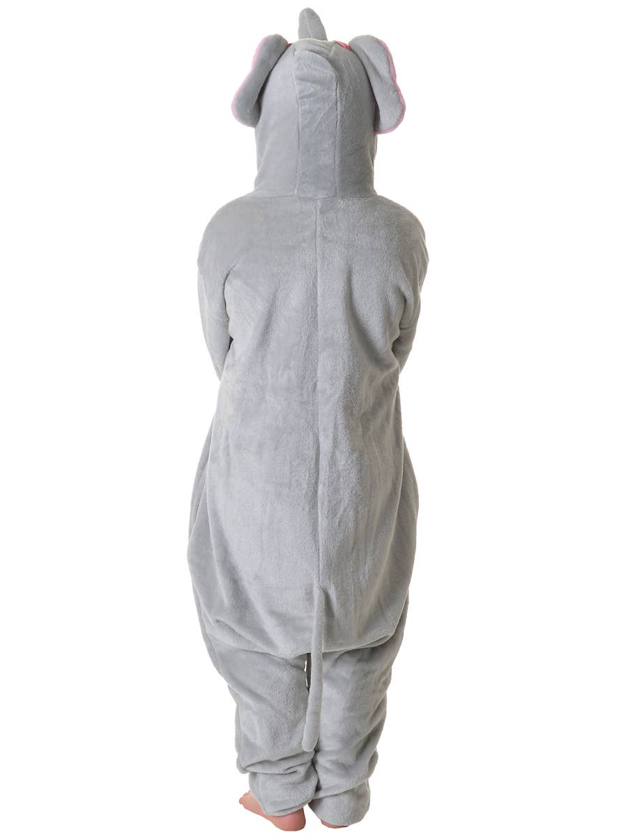 Image of Cute Plush Grey Elephant Children's Onesie Dress Up Costume - Back View