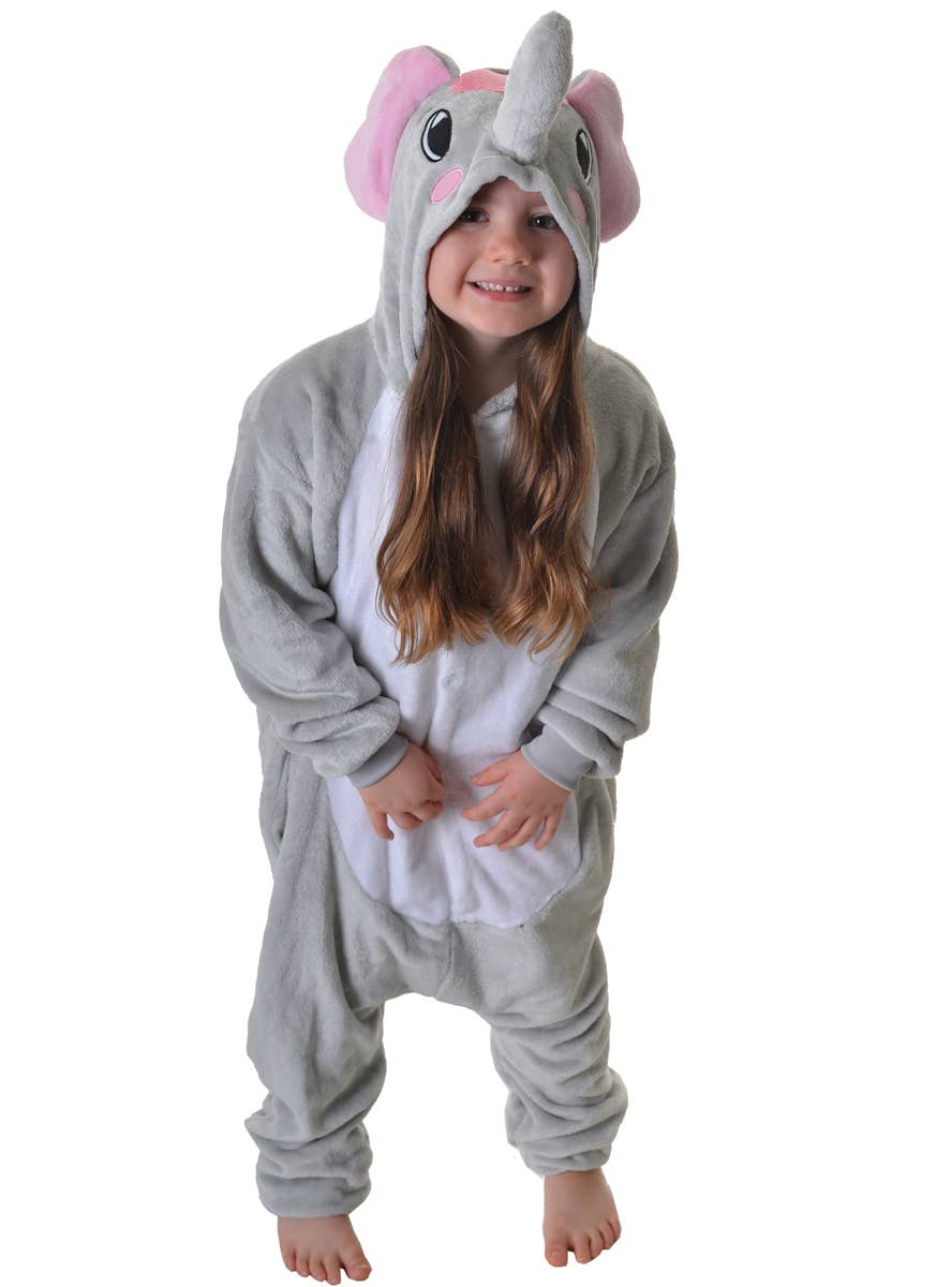 Image of Cute Plush Grey Elephant Children's Onesie Dress Up Costume - Alternate View