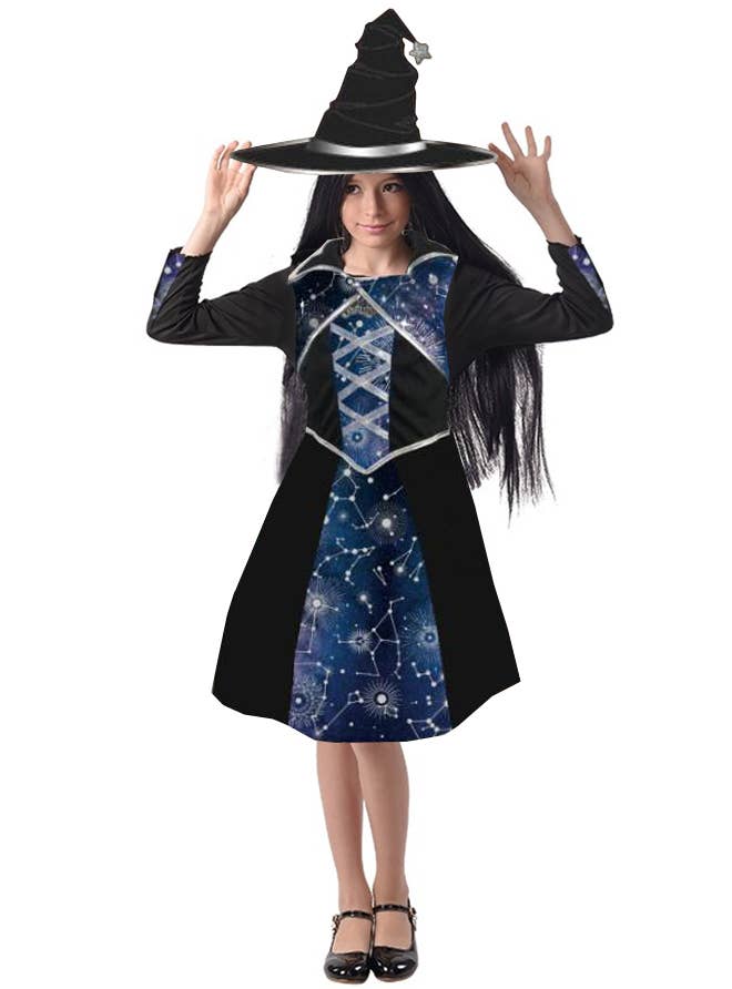 Girls Black Witch Costume with Galaxy Print