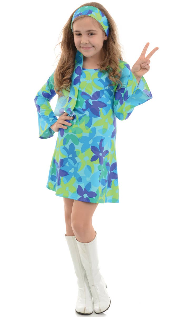 Girls Blue Green Floral Hippie Dress Costume Main Image