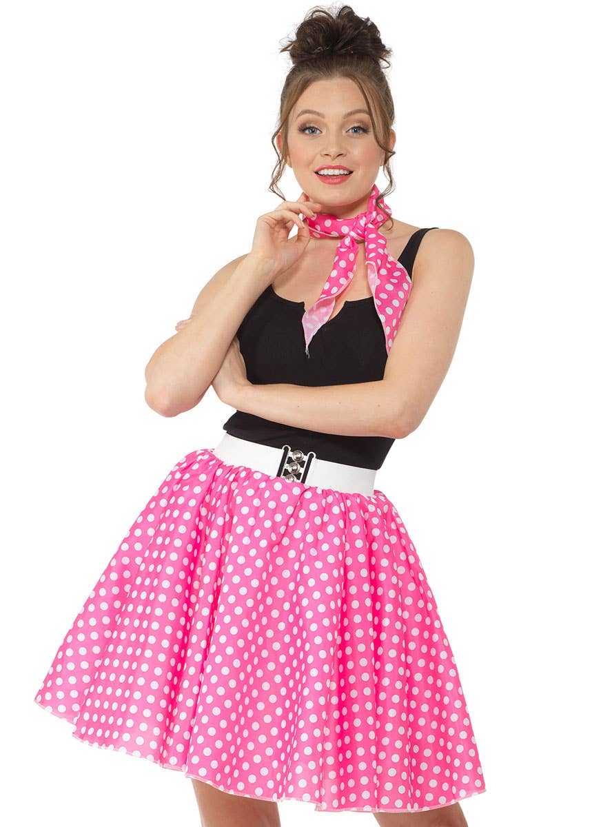 Pink and White Polka Dot Womens 50s Skirt Costume - Close Image