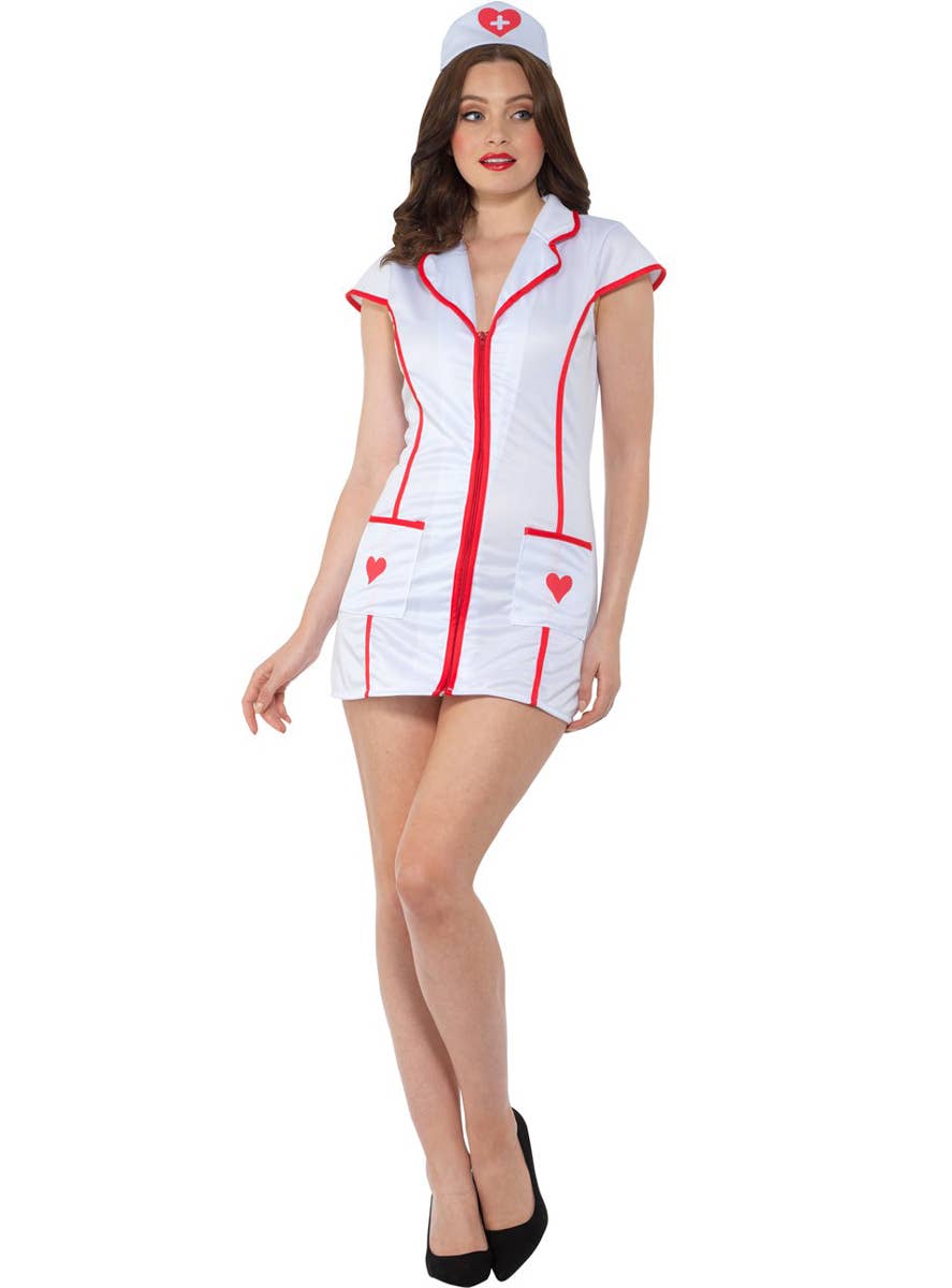 Short White and Red Sexy Nurse Uniform Costume for Women - Front Image