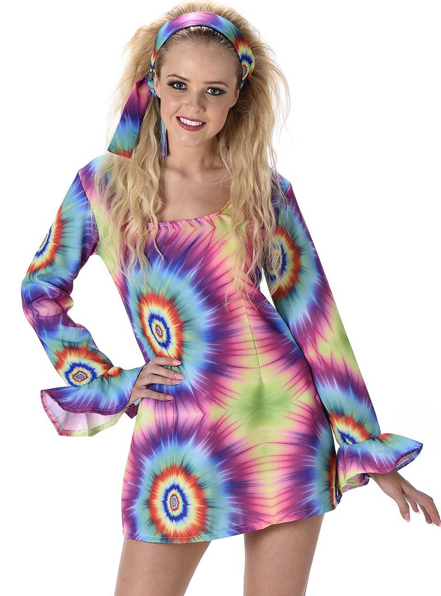 Short Rainbow Tie Dye Hippie Women's 1970's Fancy Dress Costume - Alternative Image