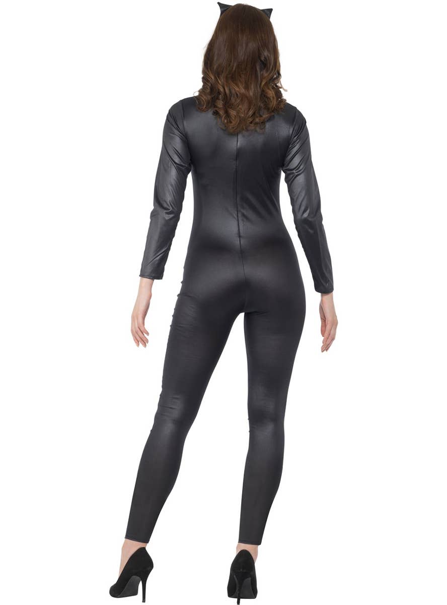 Sexy Black Wet Look Catwoman Catsuit Costume for Women - Back Image