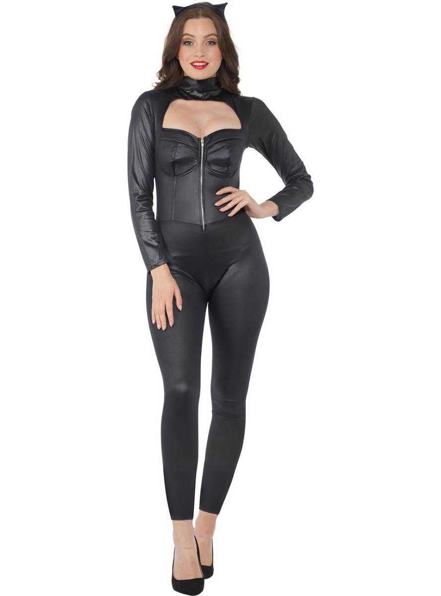 Sexy Black Wet Look Catwoman Catsuit Costume for Women - Alternative Image