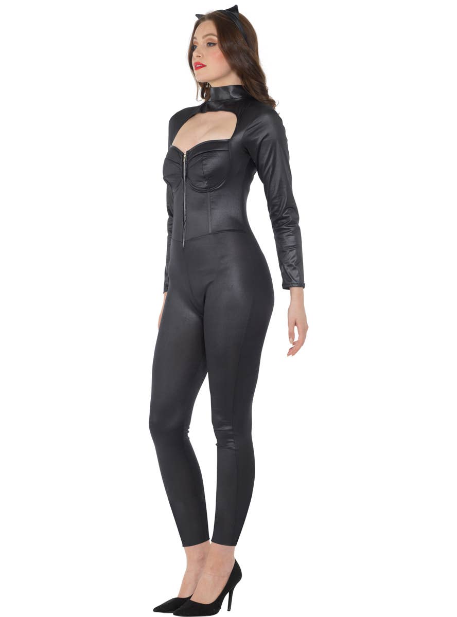 Sexy Black Wet Look Catwoman Catsuit Costume for Women - Side Image