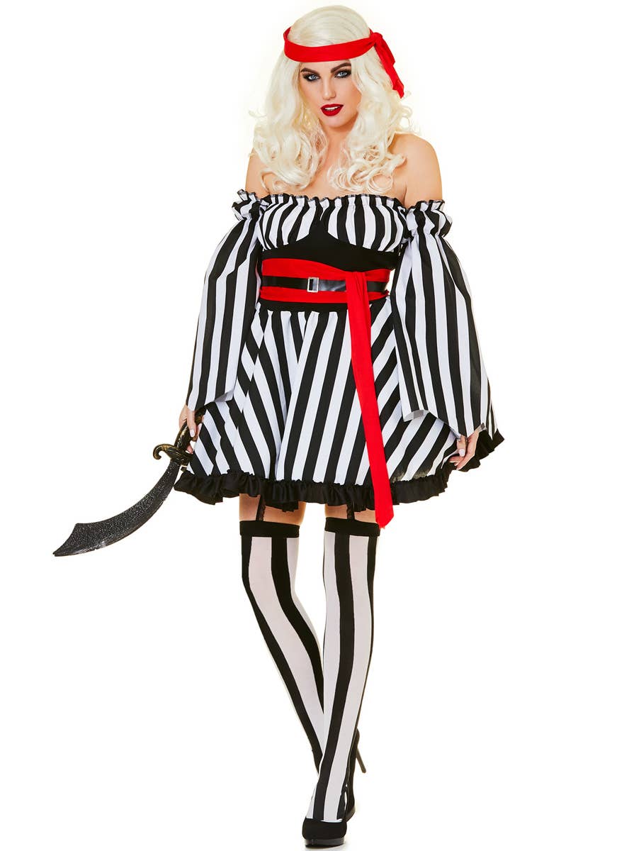 Black and White Striped Bony Pirate Women's Costume - Front View