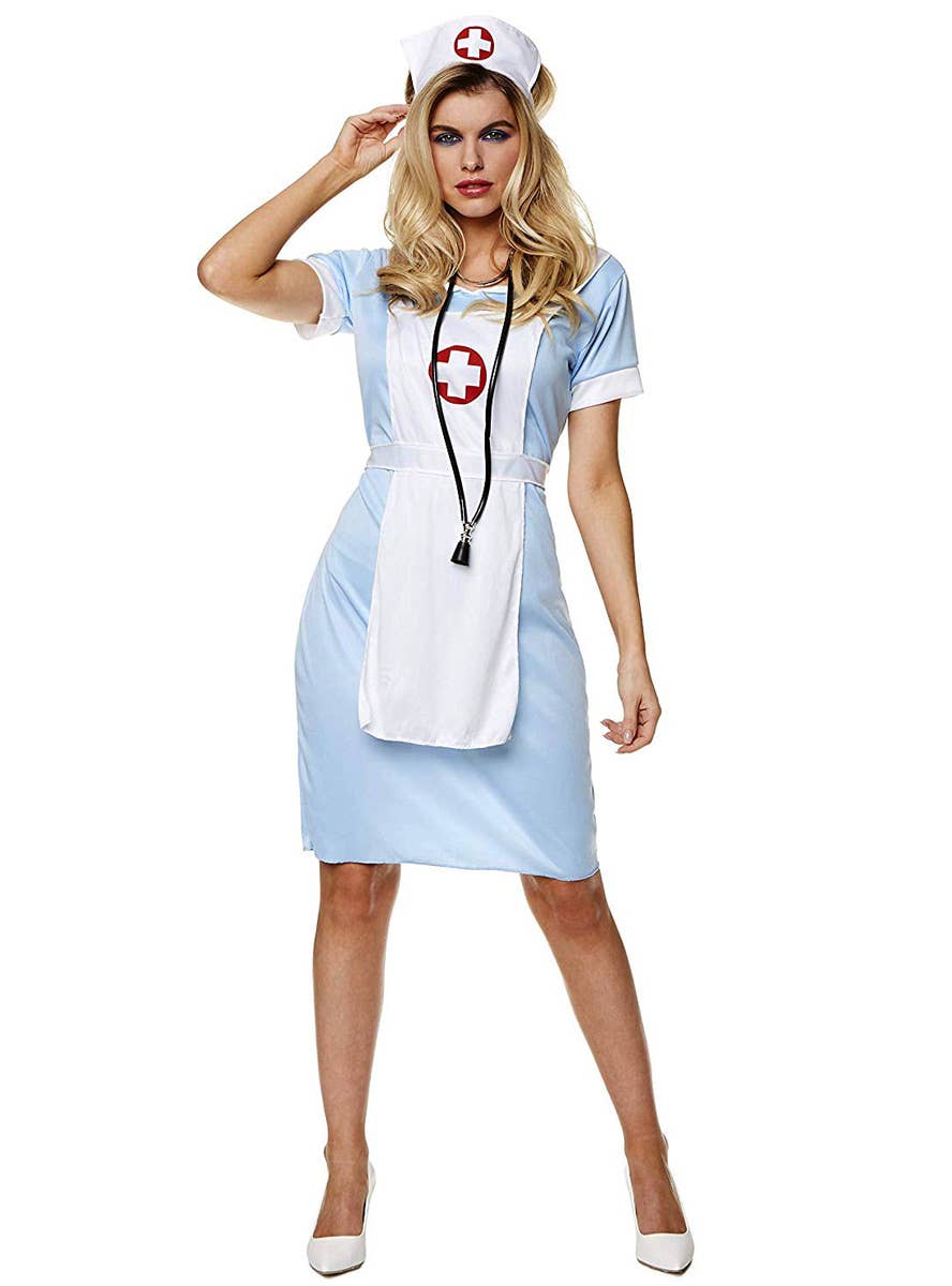 Women's Blue and White Nurse Costume with Hat - Main Image