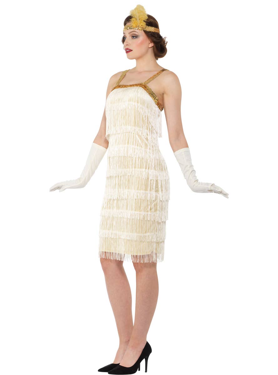 Golden Ivory Fringed 1920's Women's Flapper Costume - Side Image