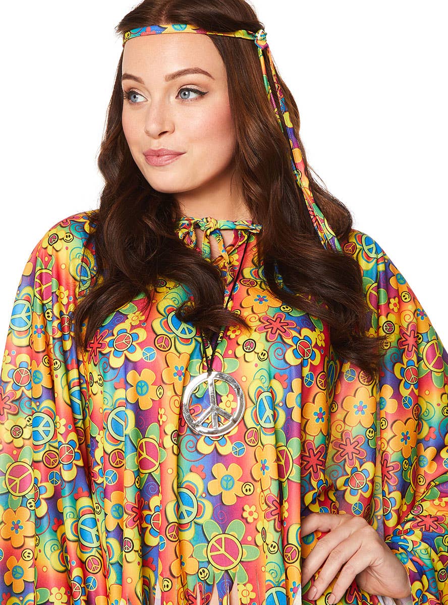 Flower Power Poncho Multi Colour Hippie Womens Costume Poncho - Close Image