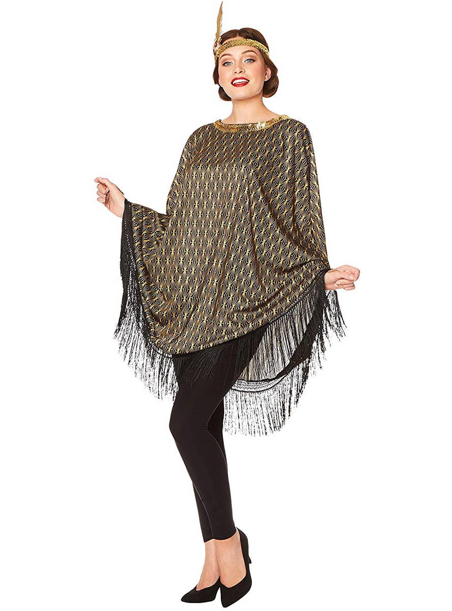 1920s Black and Gold Poncho with Matching Headband Womens Great Gatsby Costume - Alt Image