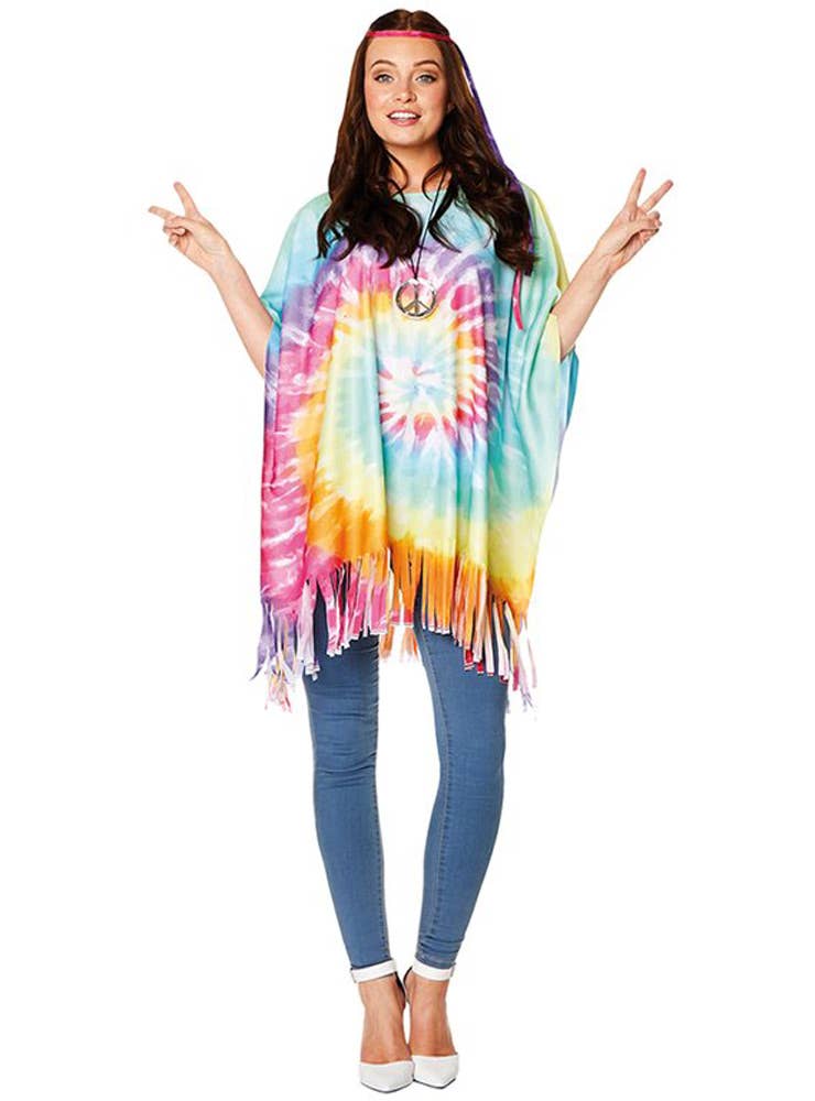 1960s Tie Dye Hippie Womens Costume Poncho and Headband