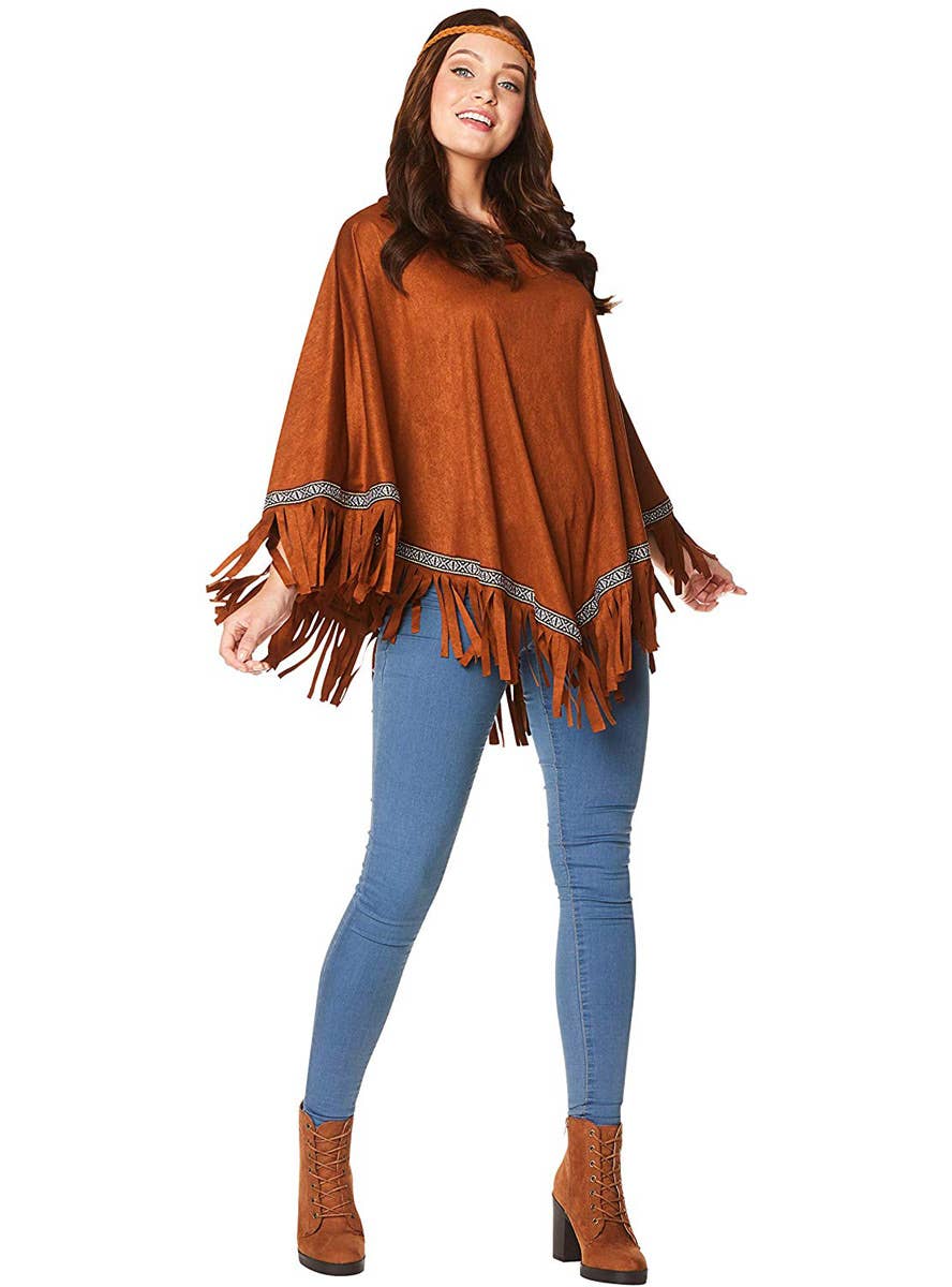 Womens Fringed Brown Indian Costume Poncho | American Indian Costume