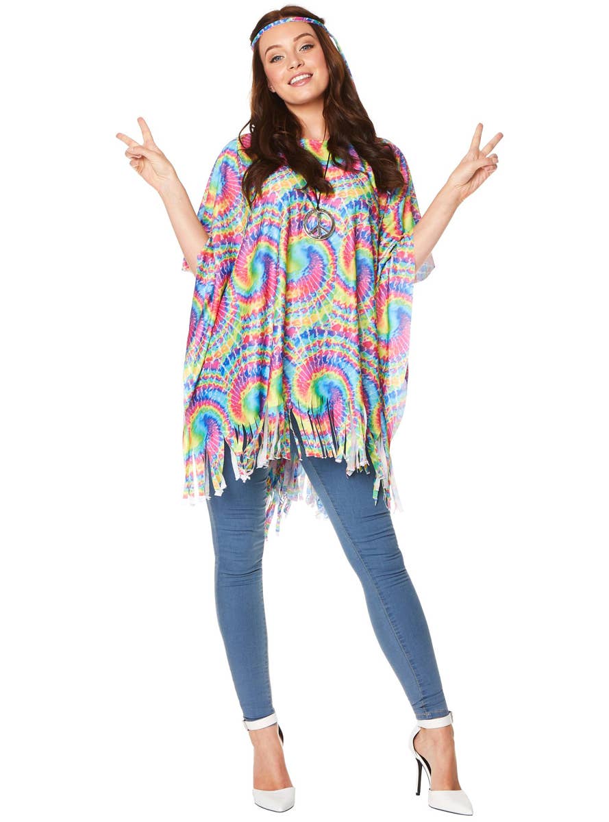 Rainbow Tie Dye 70s Hippie Costume Poncho for Women  - Alternative Image