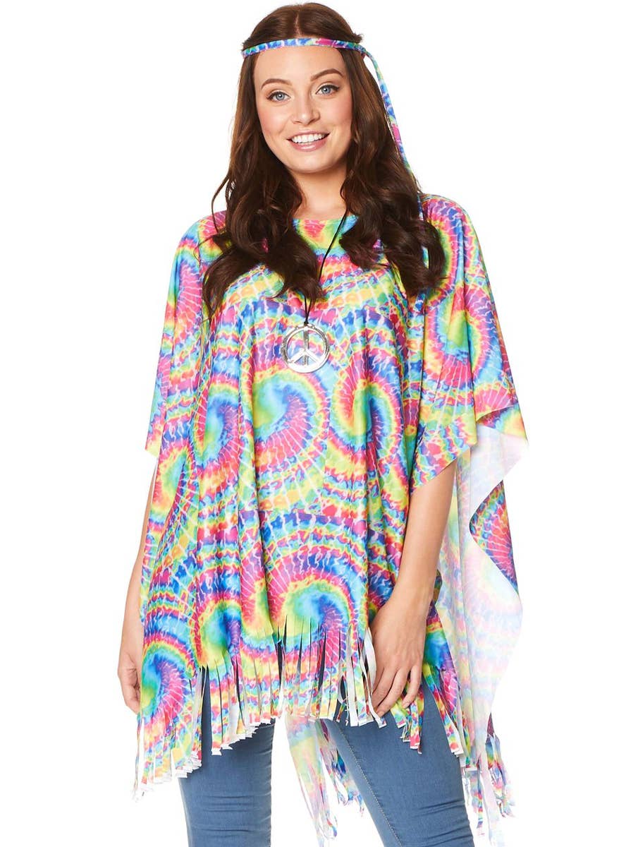 Rainbow Tie Dye 70s Hippie Costume Poncho for Women  - Close Image