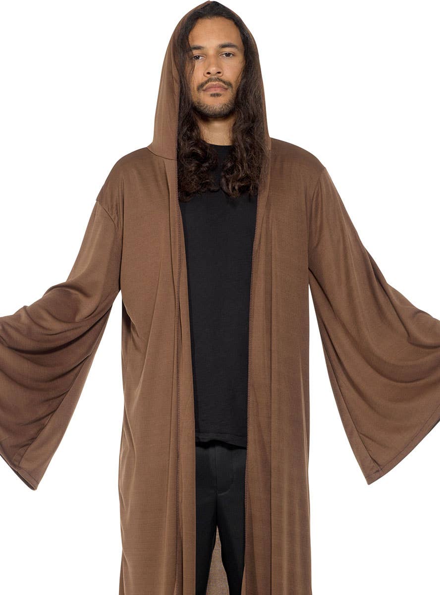 Men's Brown Hooded Fancy Dress Costume Robe Close Image