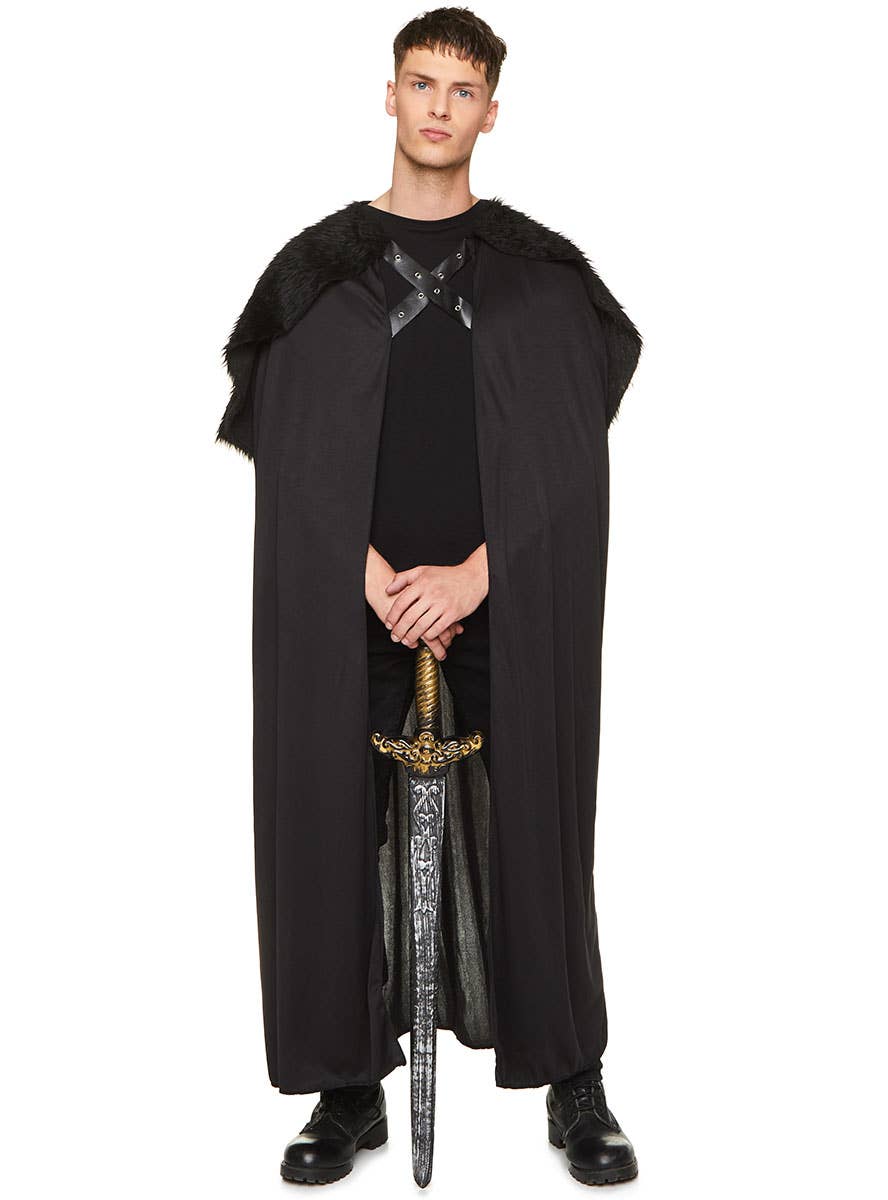 Black Fur Medieval Costume Cape for Adults - Front Image