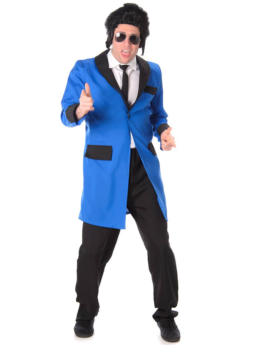 Blue and Black Teddy Boy Mens 1950s Buddy Holly Dress Up Costume - Front Image