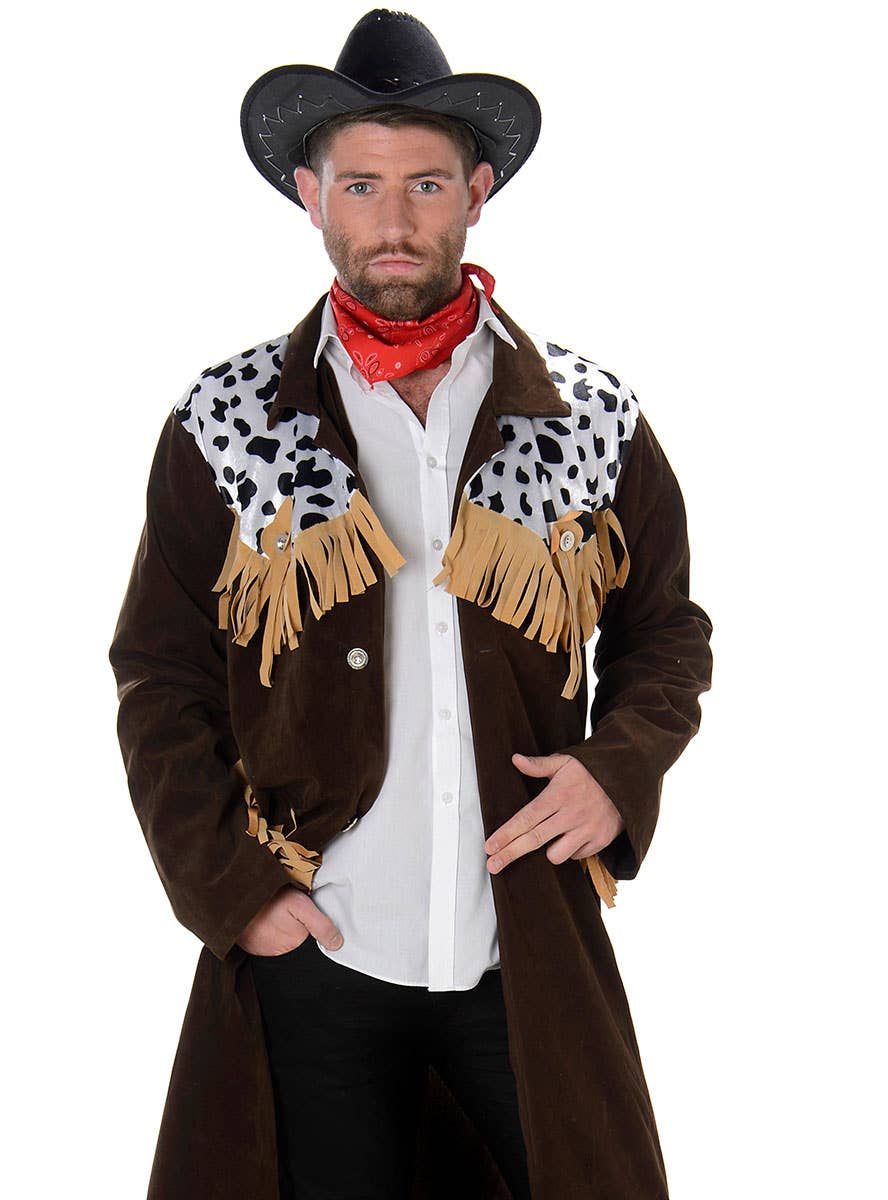 Mens Texan Rodeo Rider Long Brown Suede Cowboy Costume Jacket and Hat - Close Image