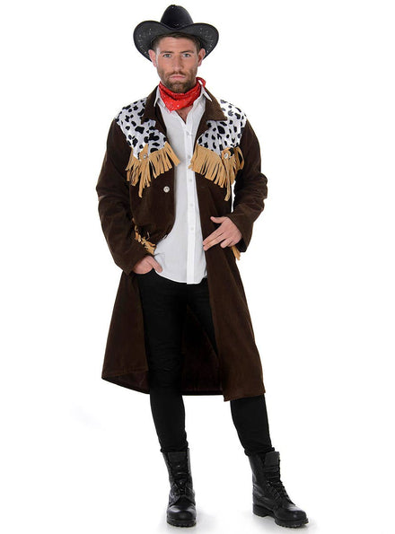 Mens Texan Rodeo Rider Long Brown Suede Cowboy Costume Jacket and Hat - Main Image