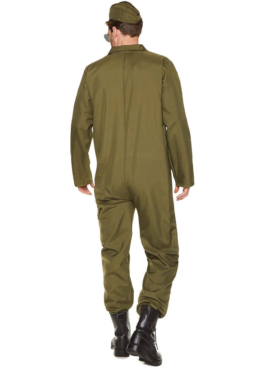 Fighter Pilot Top Gun Khaki Jumpsuit Flight Uniform 80s Mens Costume Back Image