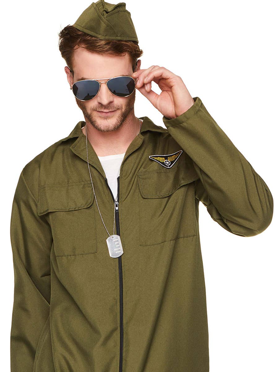 Fighter Pilot Top Gun Khaki Jumpsuit Flight Uniform 80s Mens Costume Close Image