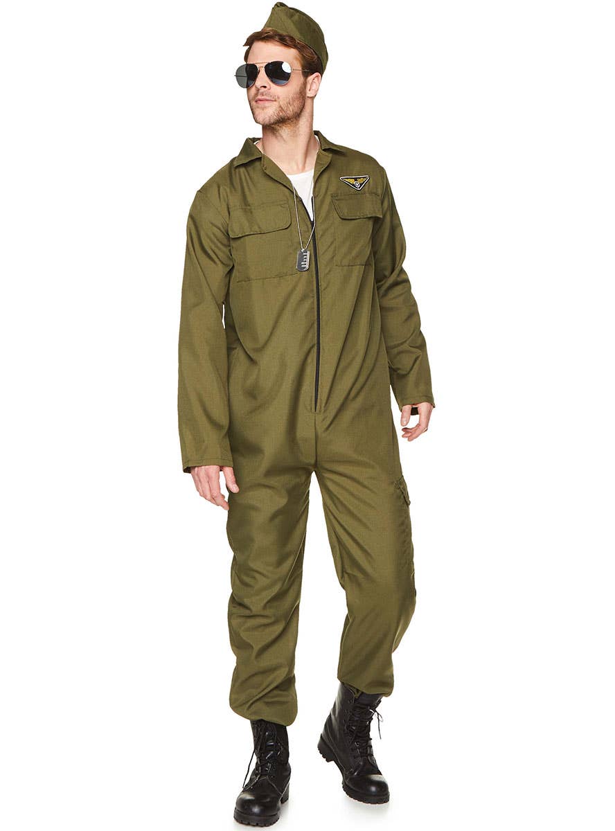 Fighter Pilot Top Gun Khaki Jumpsuit Flight Uniform 80s Mens Costume Alternate Image