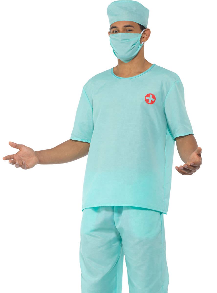 Men's Doctor Blue Surgical Scrubs Fancy Dress Costume - Close Image