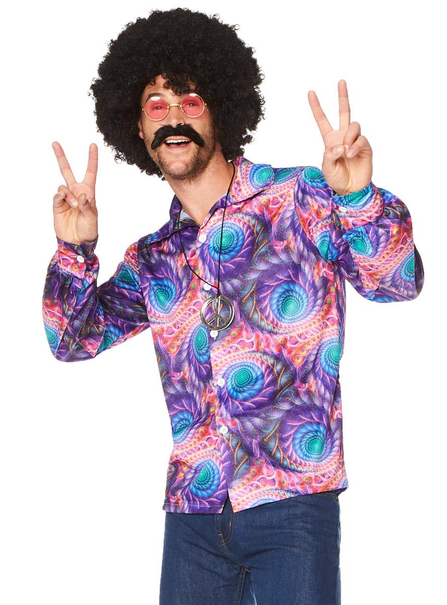 Blue and Purple Hippie Costume Shirt for Men - Close Image