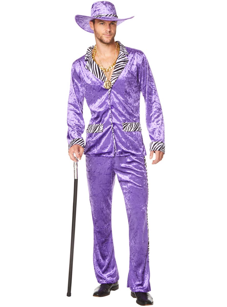 Crushed Purple Velvet 80's Mac Daddy Men's Costume with Zebra Print Trim - Alternative Image