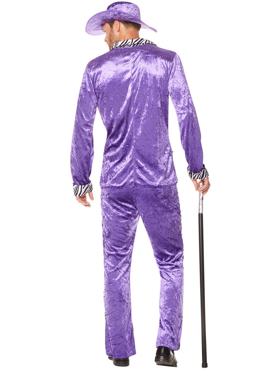 Crushed Purple Velvet 80's Mac Daddy Men's Costume with Zebra Print Trim - Back Image