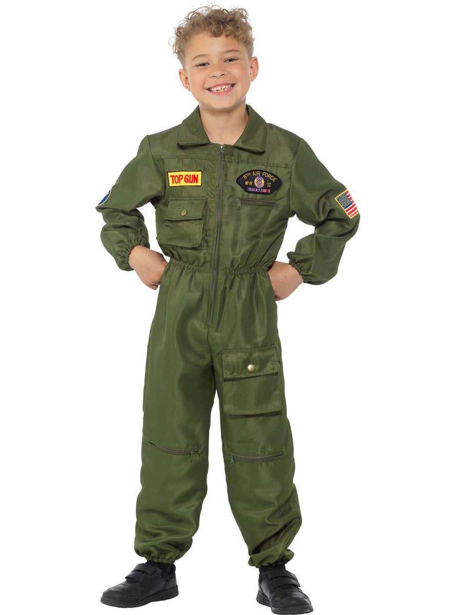 Green Top Gun Inspired Boy's Aviator Jumpsuit Costume - Alt Front Image