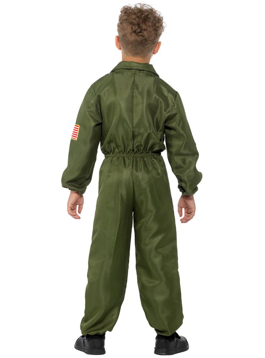 Green Top Gun Inspired Boy's Aviator Jumpsuit Costume - Back Image