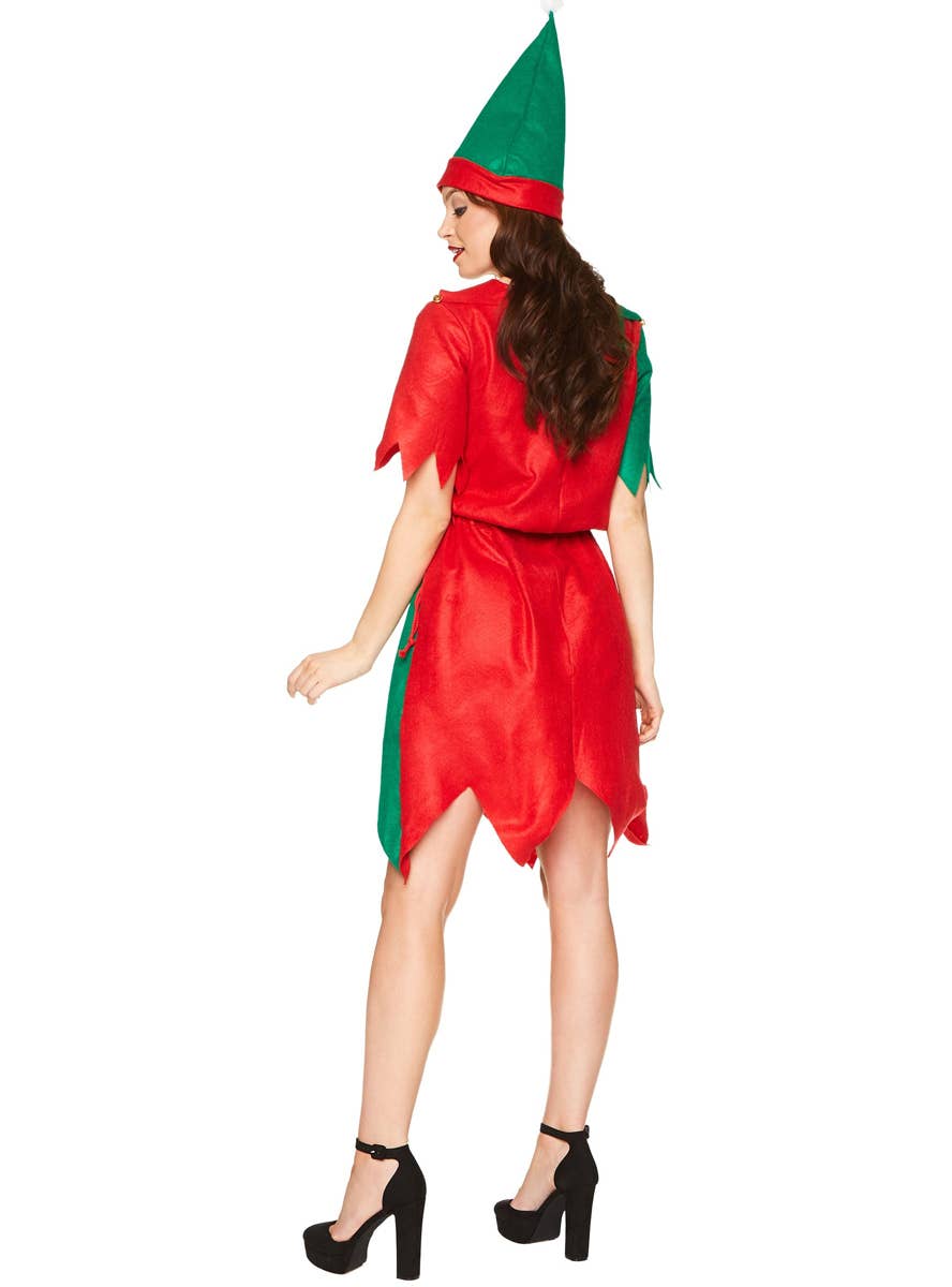 Red and Green Miss Elf Christmas Costume for Women - Back Image